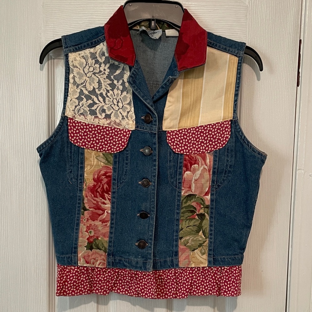 Quilt Taylor Denim Patchwork Vest with Red Floral and Cream Accents Ruffled